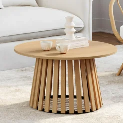 Table basse ronde 70 cm pied bois en lattes et plateau bois