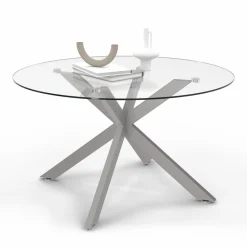 Table basse ronde avec plateau verre et pied acier effet chromé