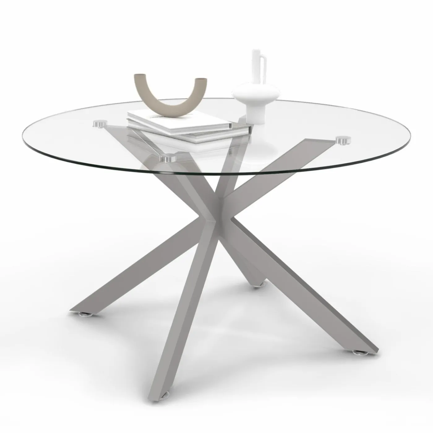 Table basse ronde avec plateau verre et pied acier effet chromé