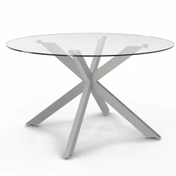 Table basse ronde avec plateau verre et pied acier effet chromé