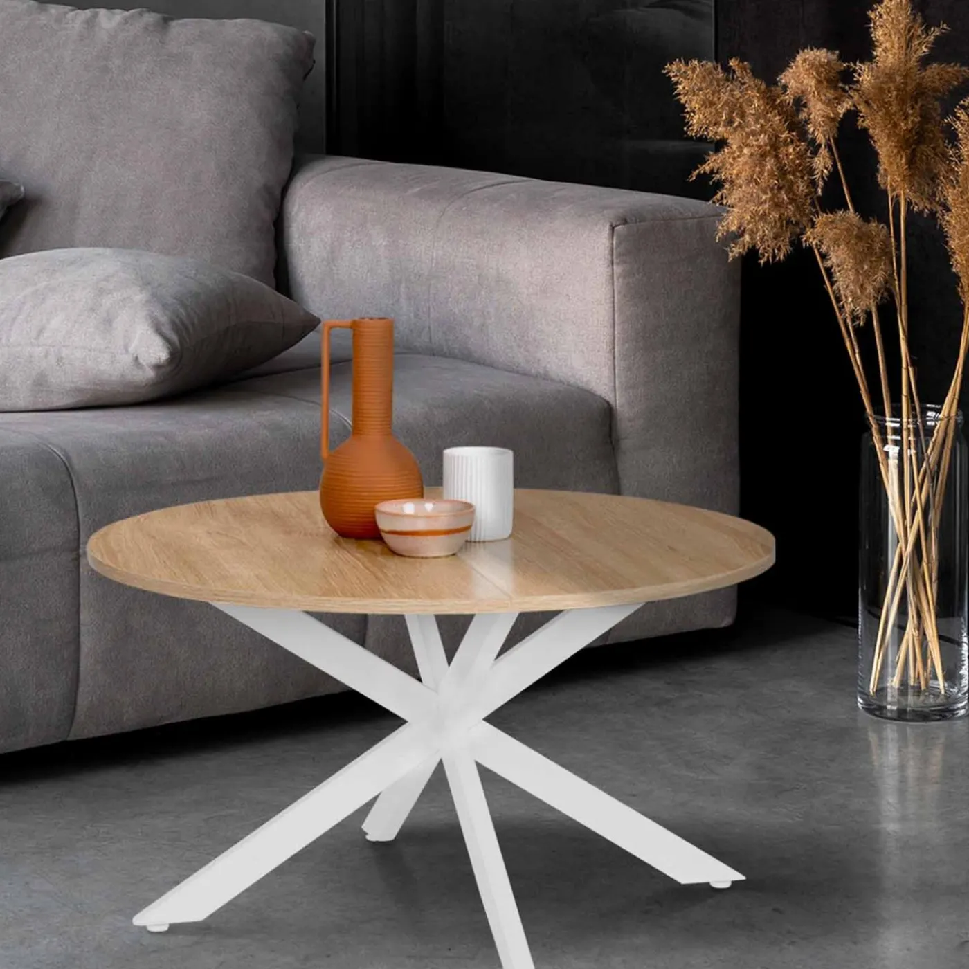 Table basse ronde bois et blanche industrielle