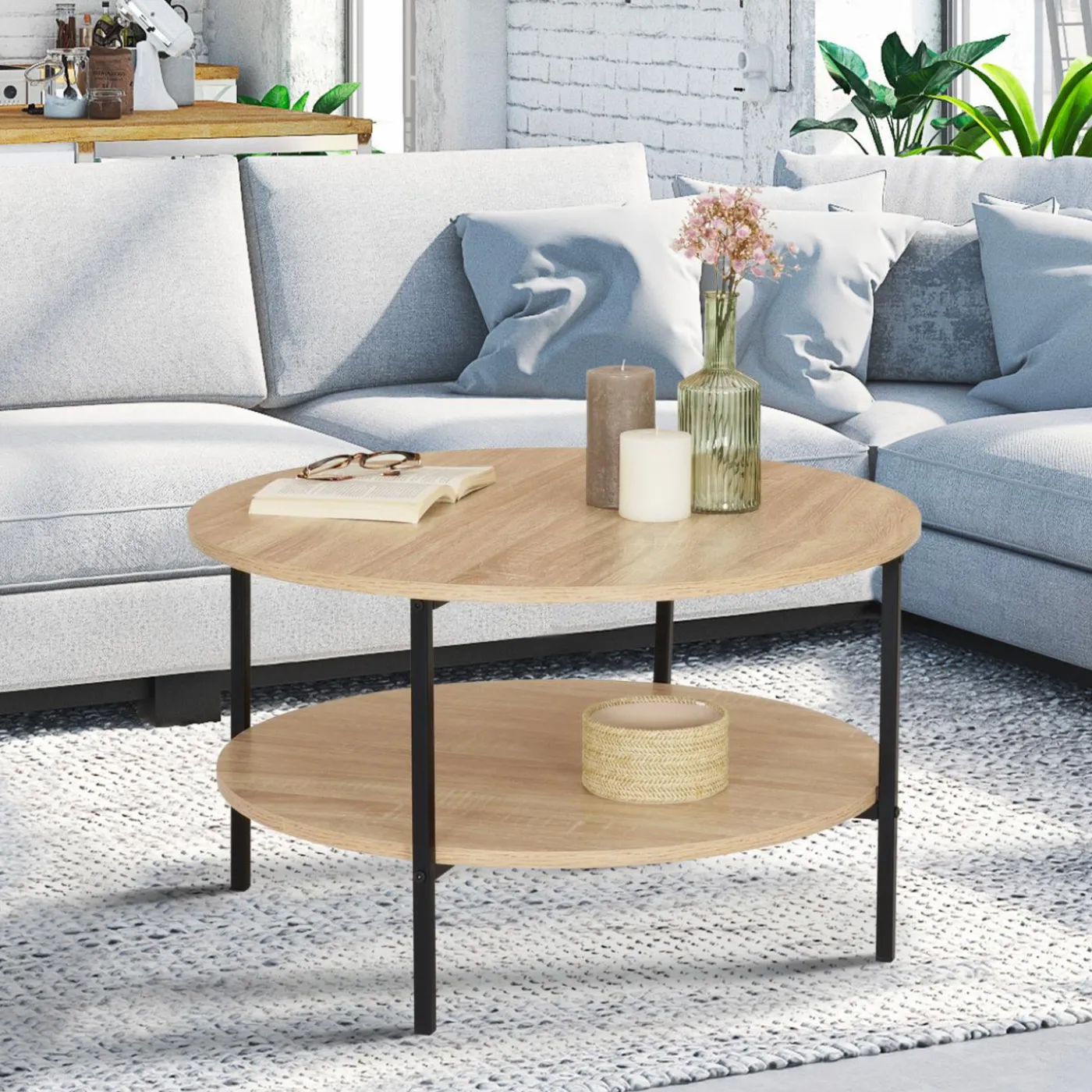 Table basse ronde double plateau style industriel 70 cm