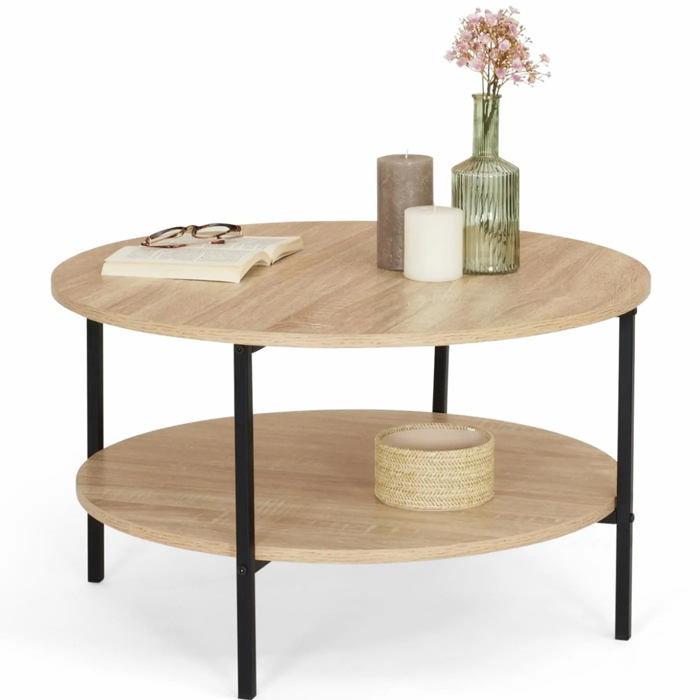 Table basse ronde double plateau style industriel 70 cm