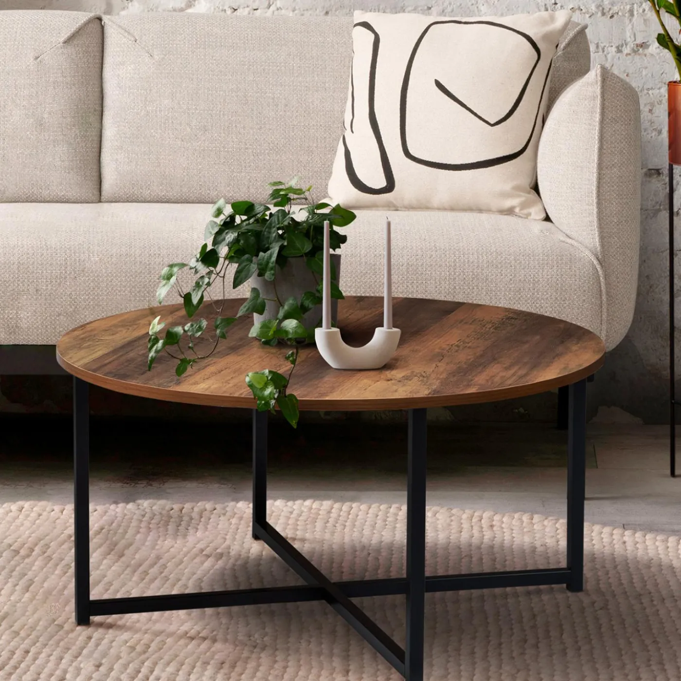 Table basse ronde style industriel bois foncé 80 cm