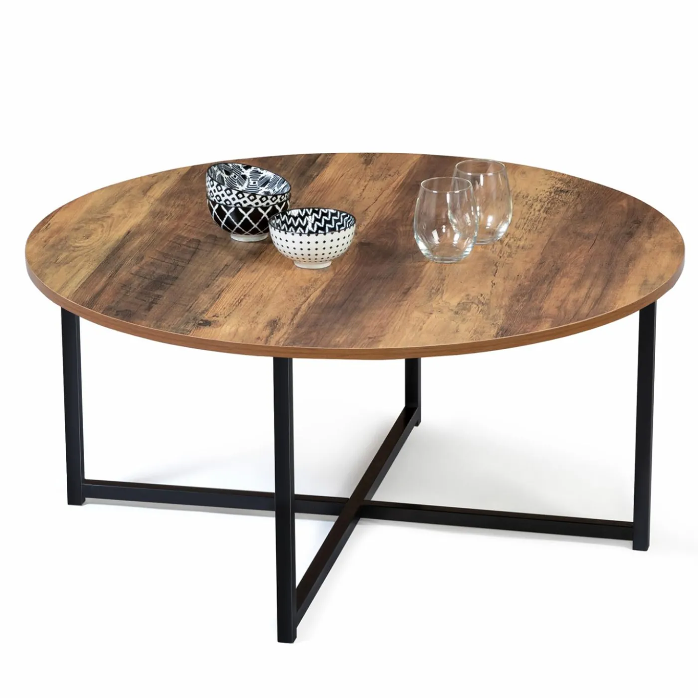 Table basse ronde style industriel bois foncé 80 cm