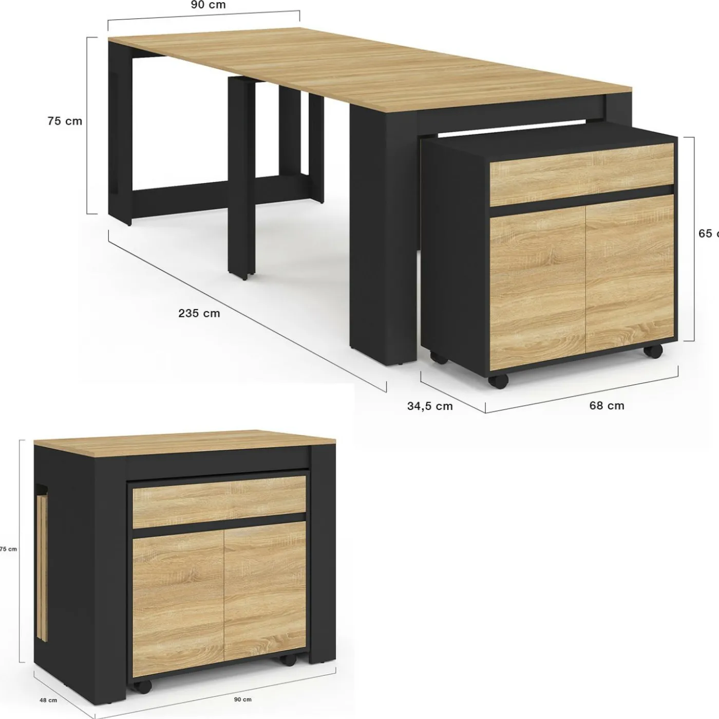 Table buffet extensible 10 personnes 235 cm bois et noir