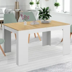 Table console extensible 140 cm blanc et bois façon hêtre