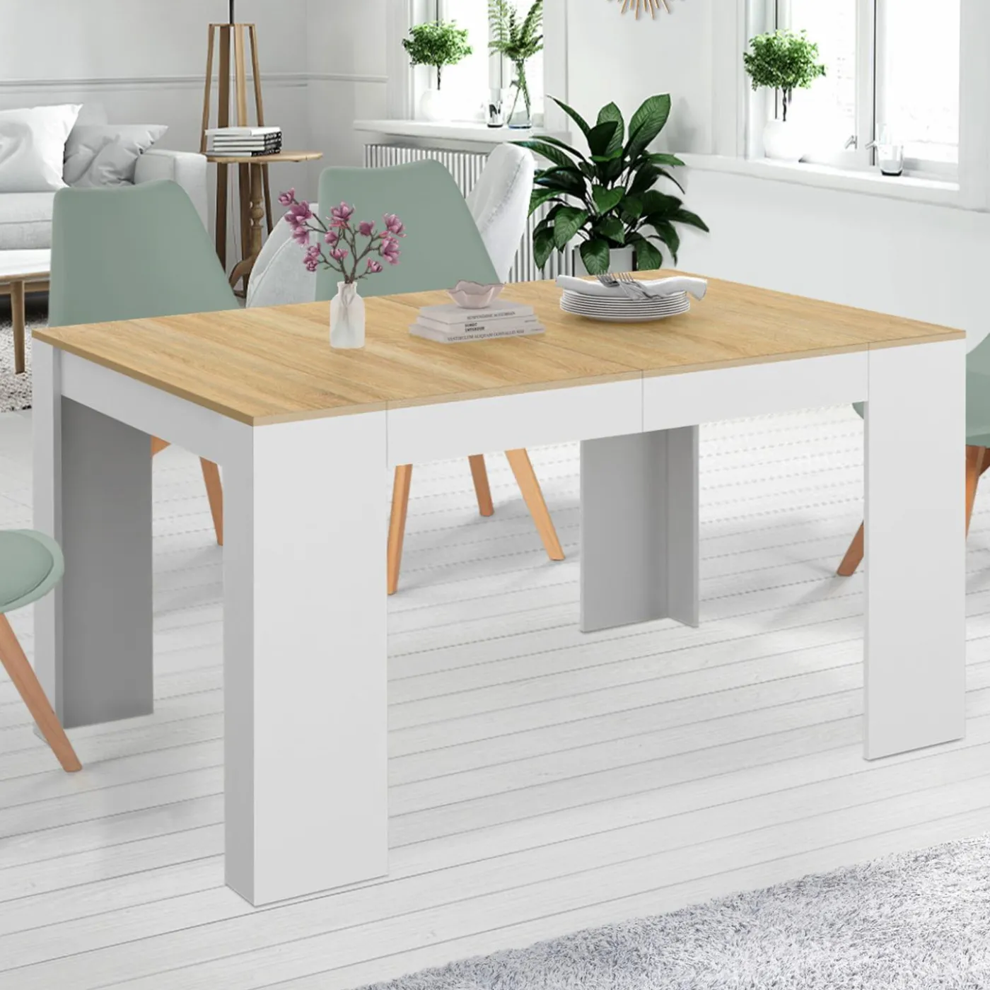 Table console extensible 140 cm blanc et bois façon hêtre