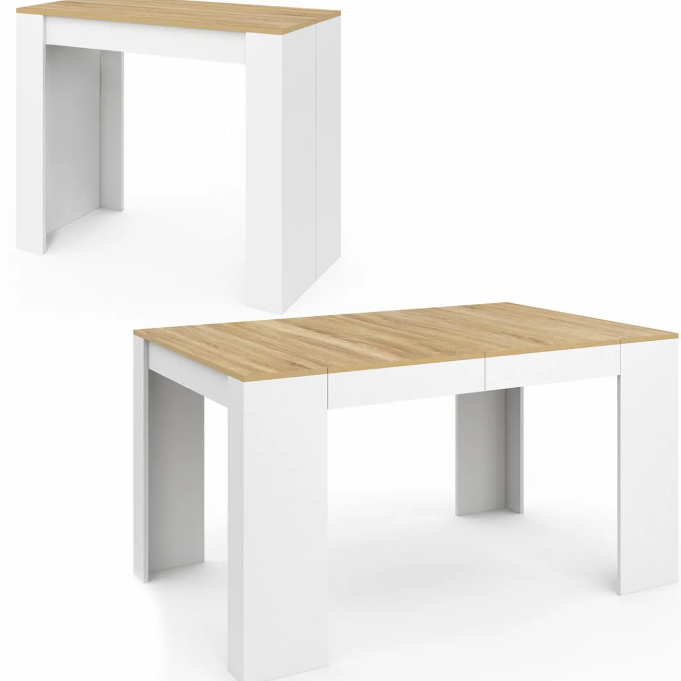Table console extensible 140 cm blanc et bois façon hêtre