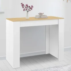 Table console extensible 140 cm blanc et bois façon hêtre
