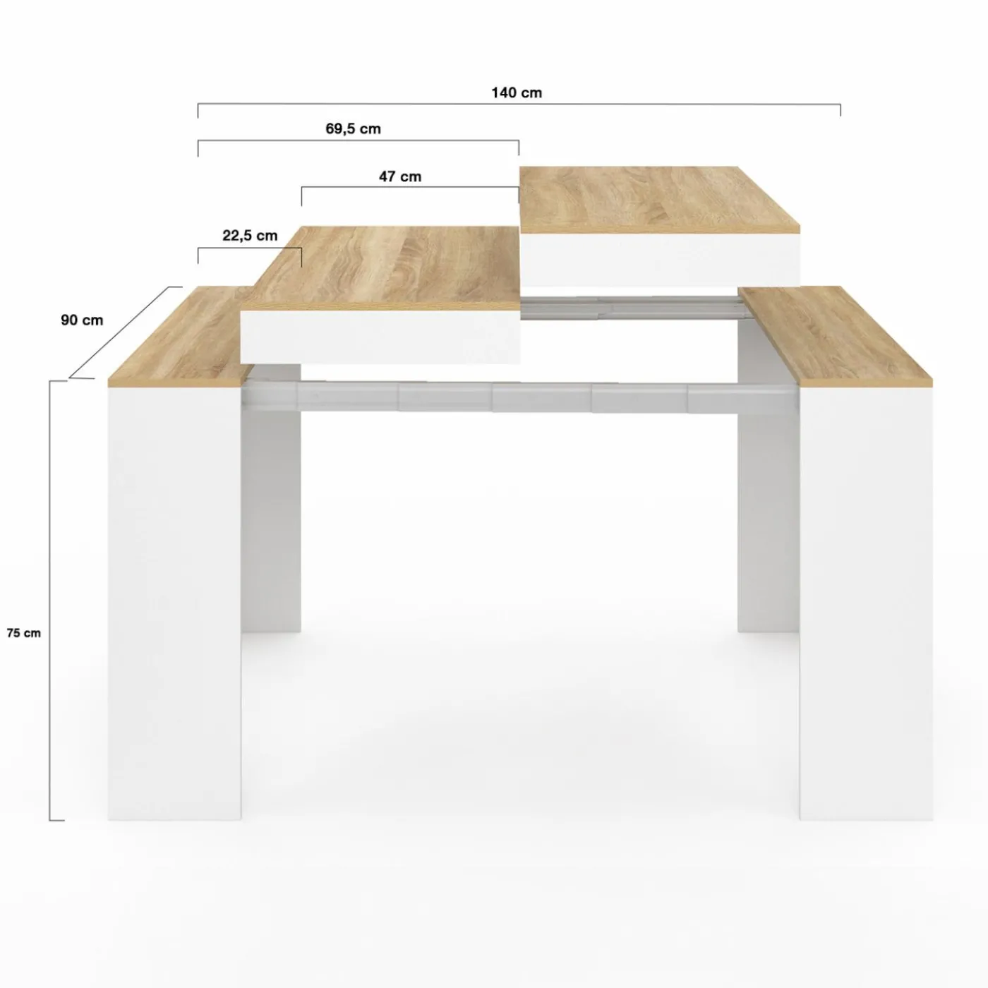 Table console extensible 140 cm blanc et bois façon hêtre