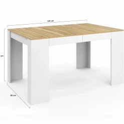 Table console extensible 140 cm blanc et bois façon hêtre