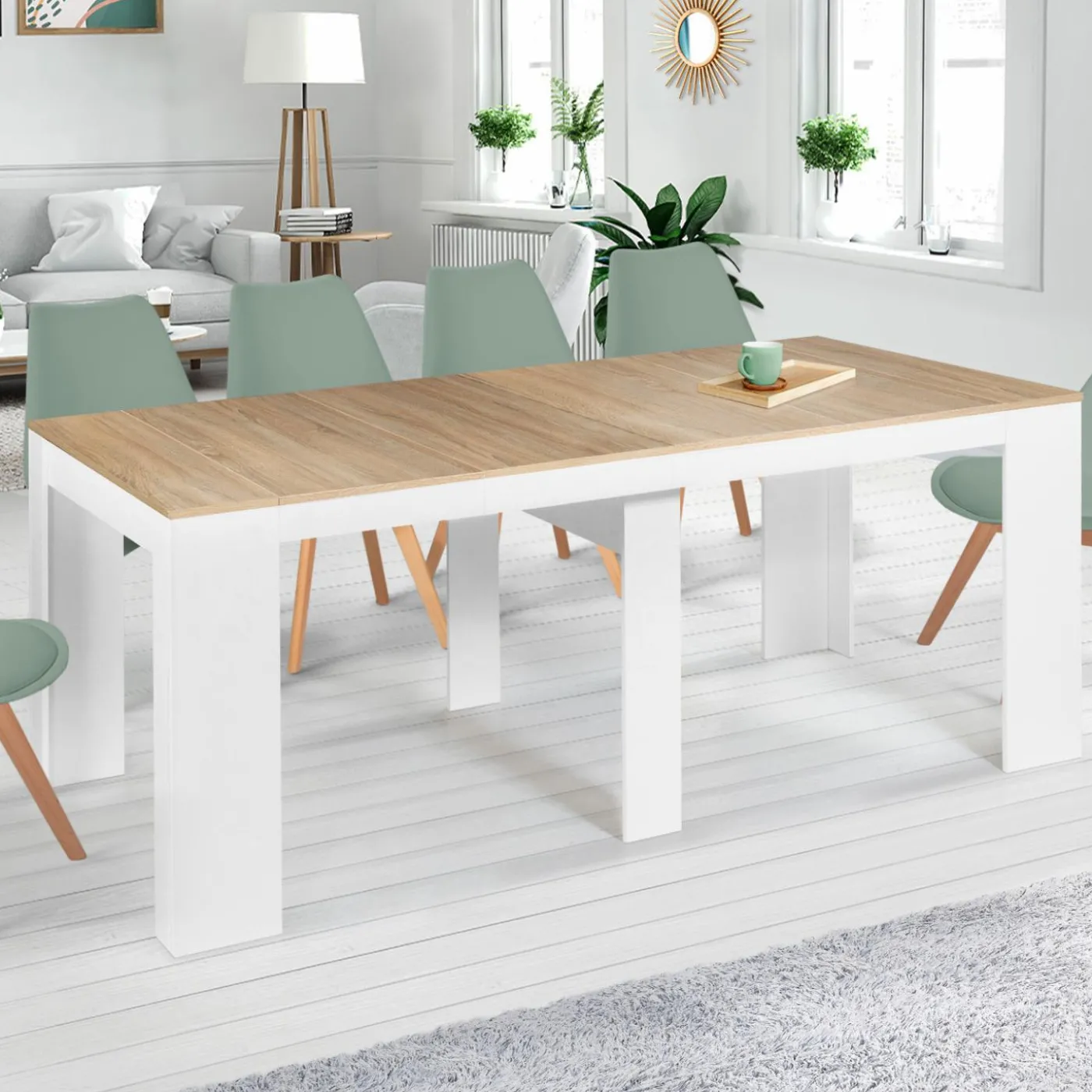 Table console extensible bois façon hêtre et blanc 10 personnes
