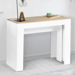 Table console extensible bois façon hêtre et blanc 10 personnes