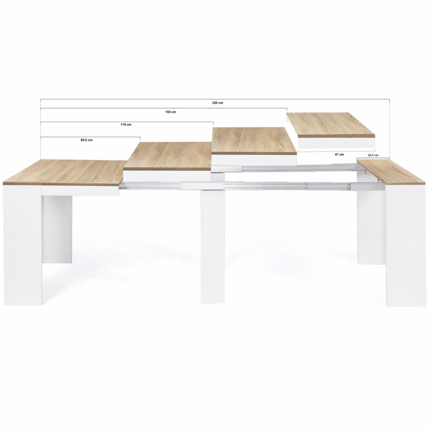 Table console extensible bois façon hêtre et blanc 10 personnes