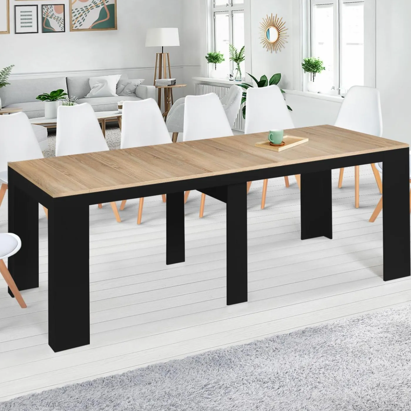 Table console extensible 14 personnes bois noir et façon hêtre