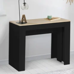 Table console extensible 14 personnes bois noir et façon hêtre