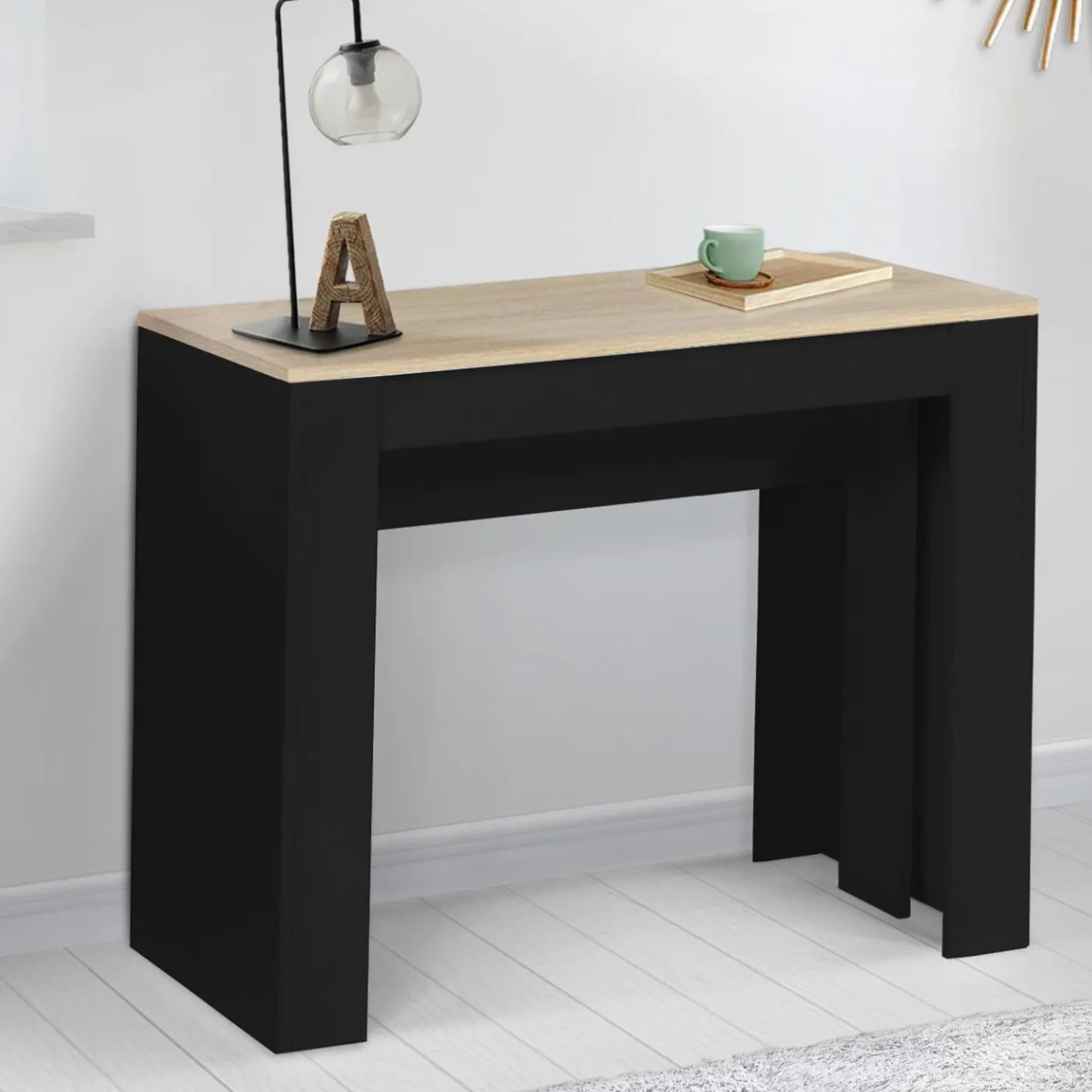 Table console extensible 14 personnes bois noir et façon hêtre