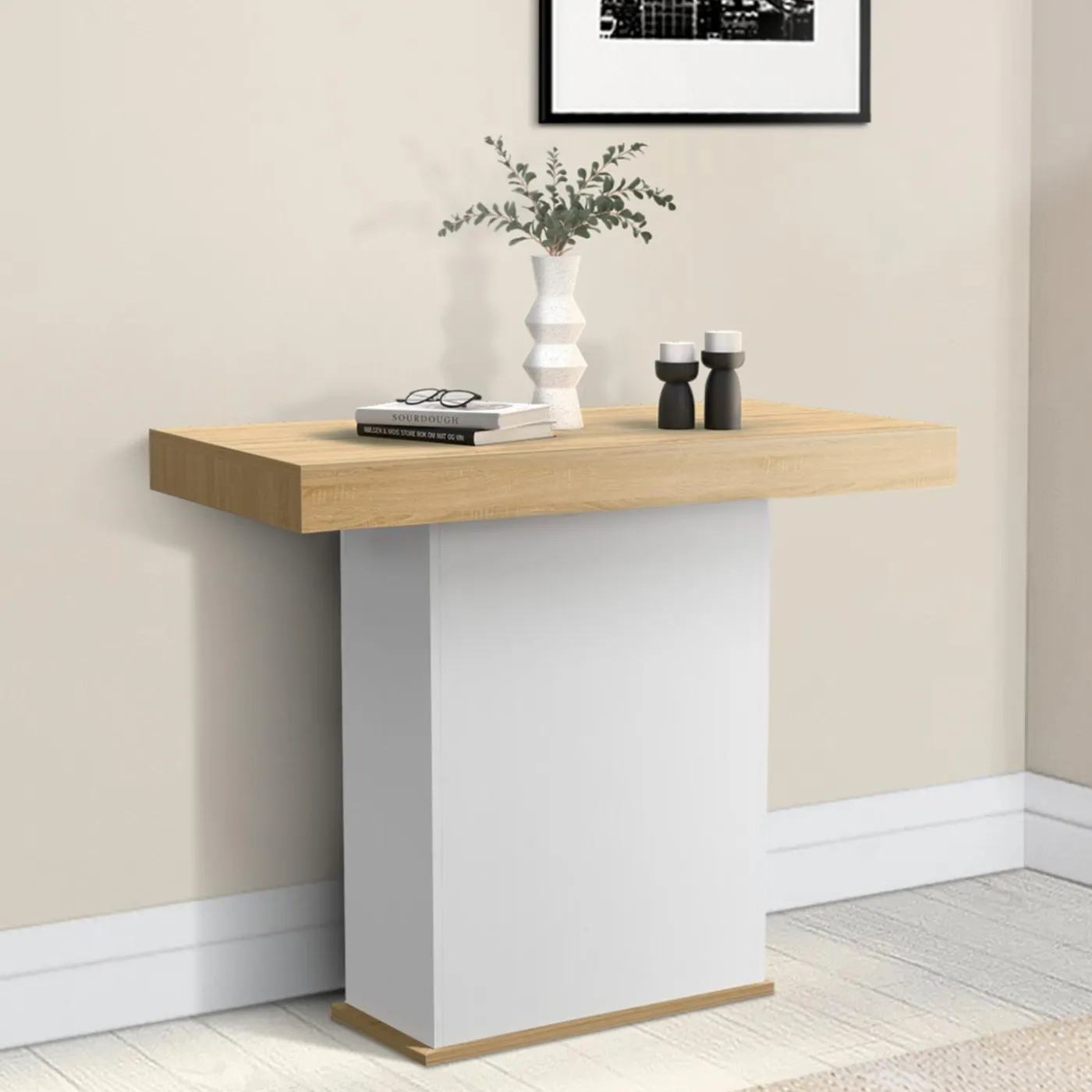 Table console extensible bois et blanc