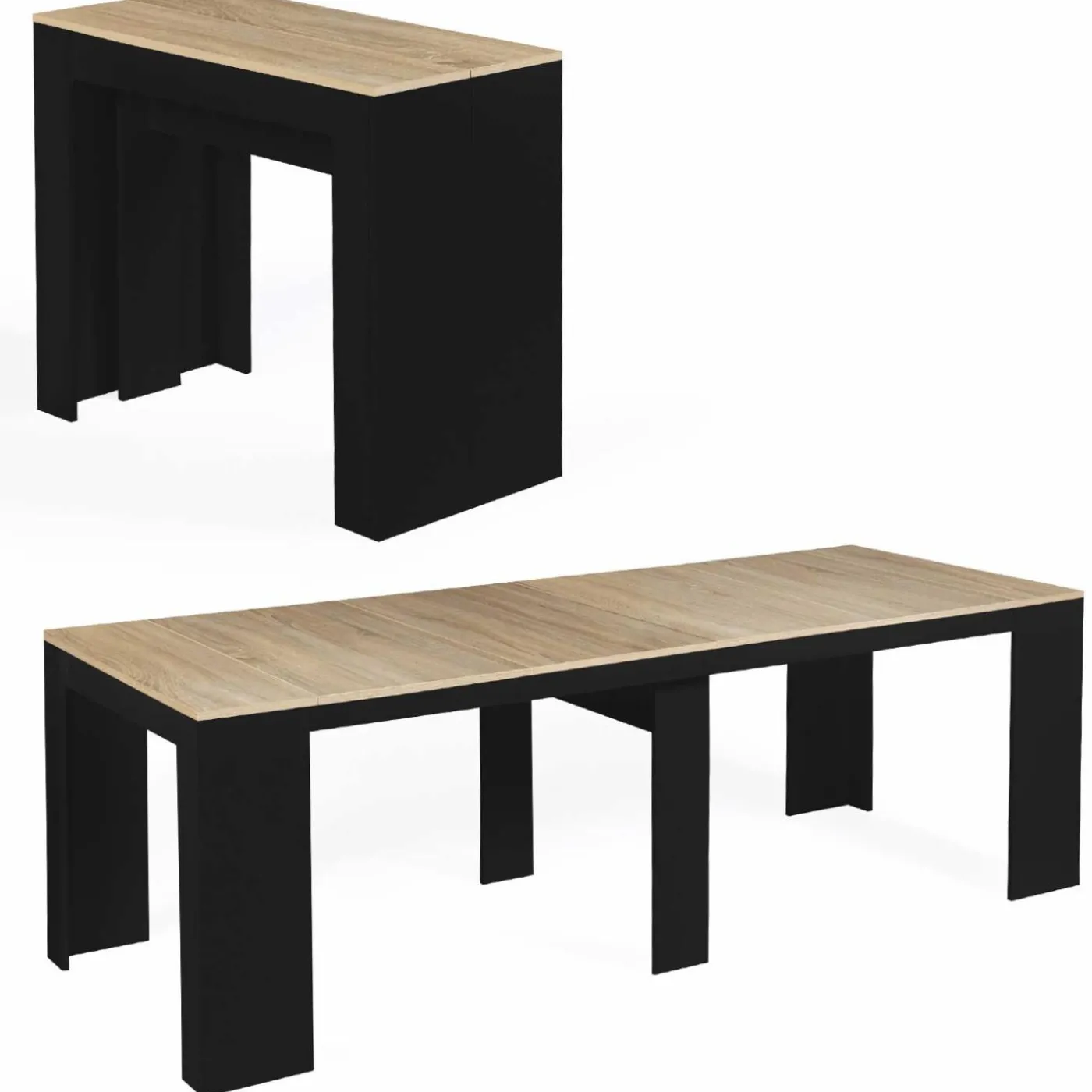 Table console extensible 10 personnes bois noir et façon hêtre