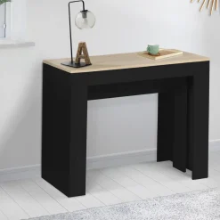 Table console extensible 10 personnes bois noir et façon hêtre