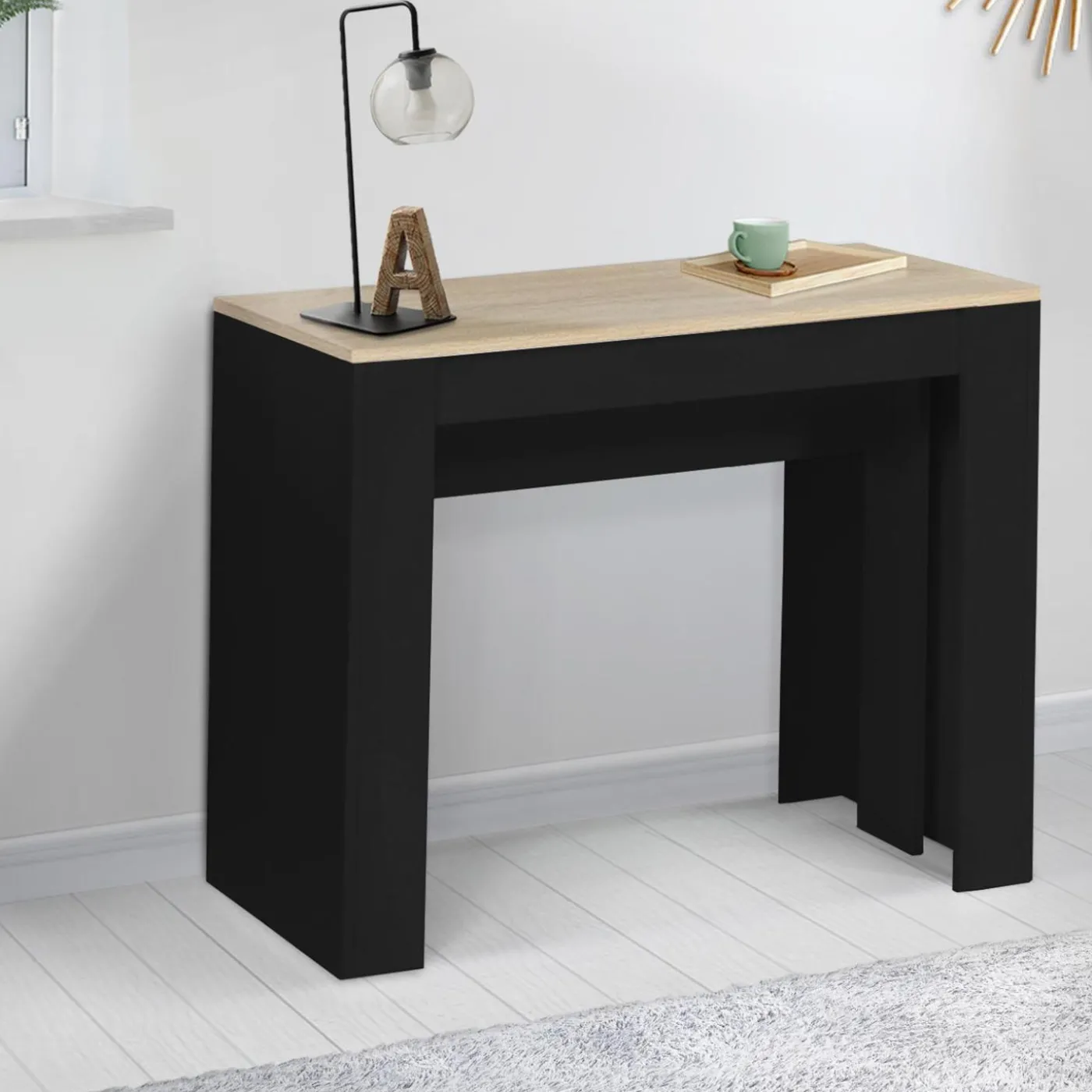 Table console extensible 10 personnes bois noir et façon hêtre