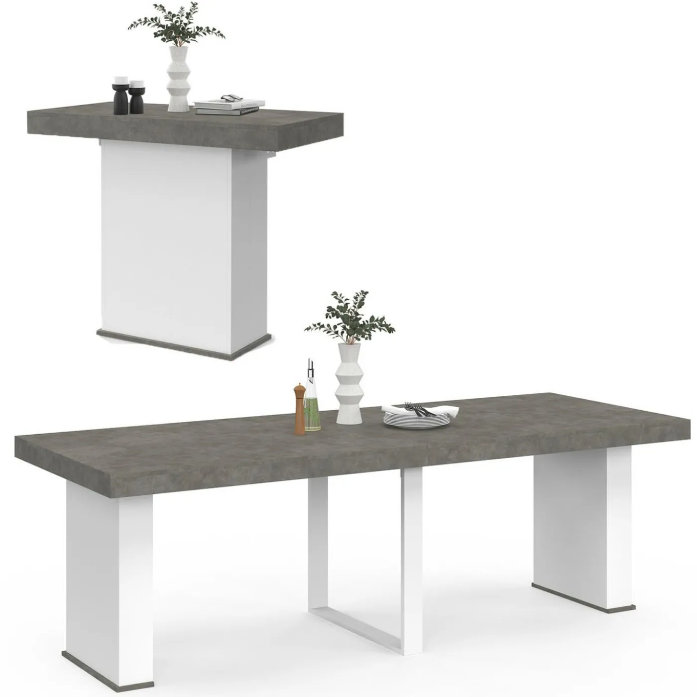 Table console extensible 10 personnes 235 cm béton et blanc