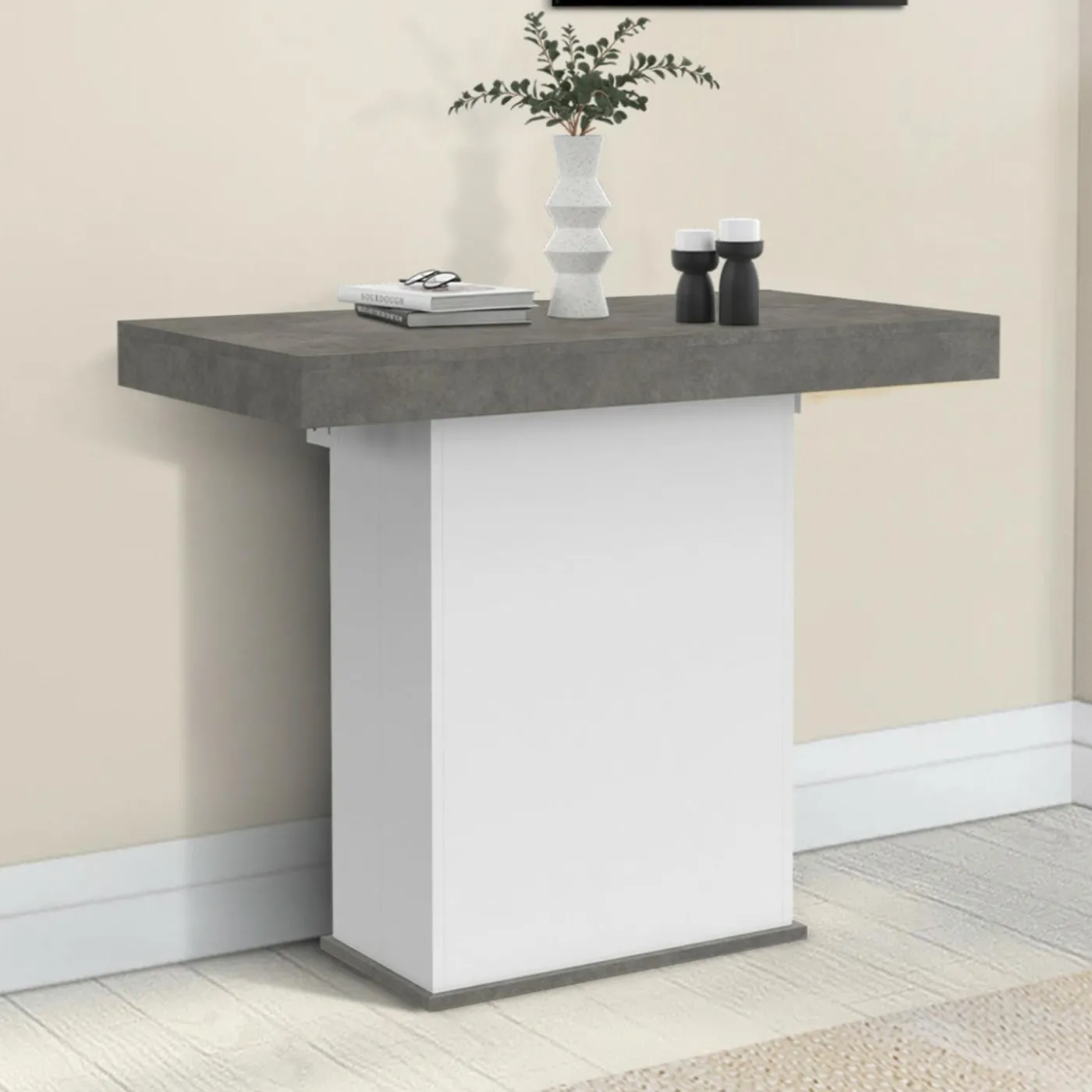 Table console extensible 10 personnes 235 cm béton et blanc