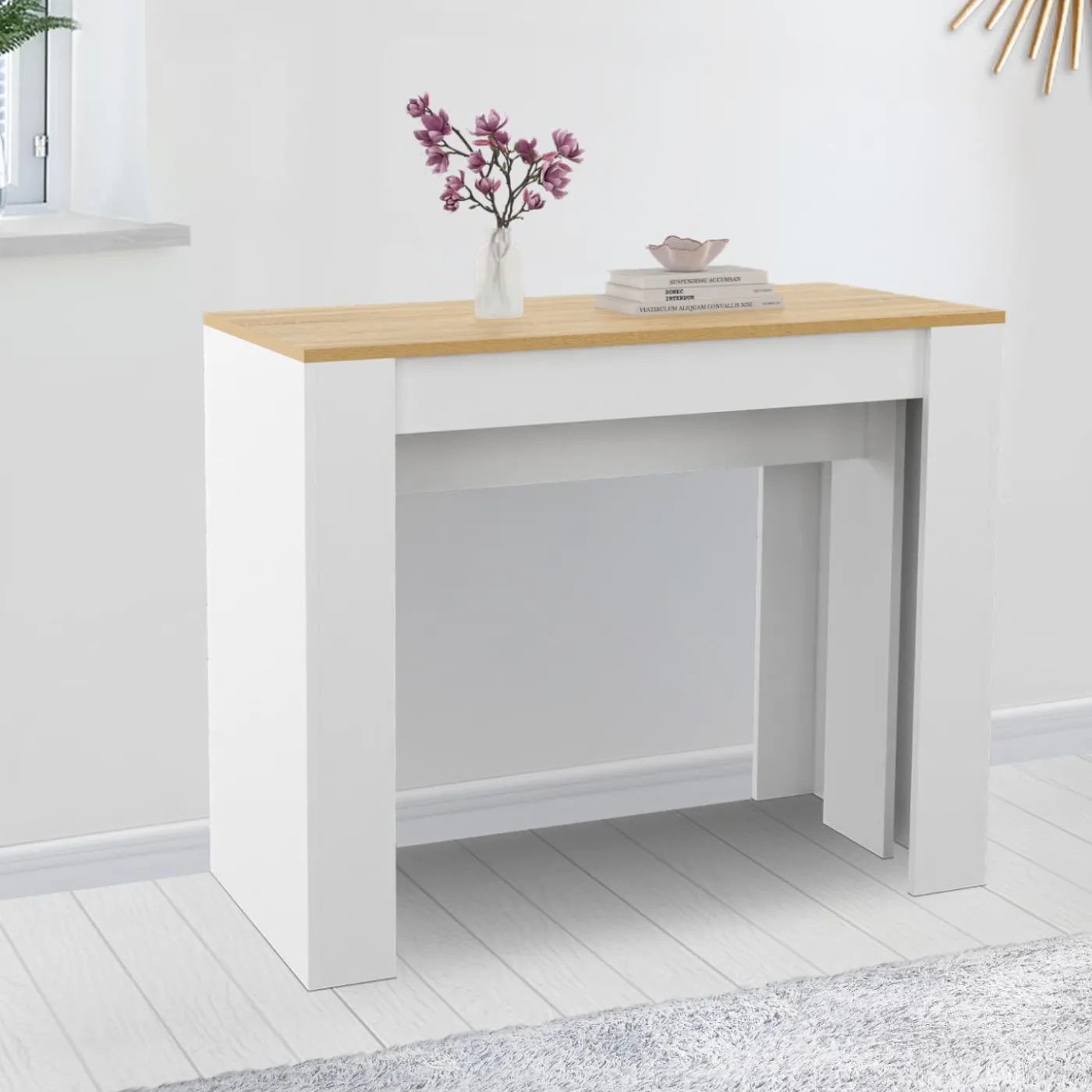 Table console extensible bois blanc et façon hêtre 300 cm 14 personnes
