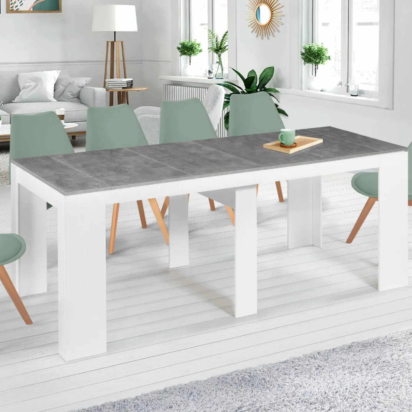 Table console extensible bois blanc et effet béton 10 personnes