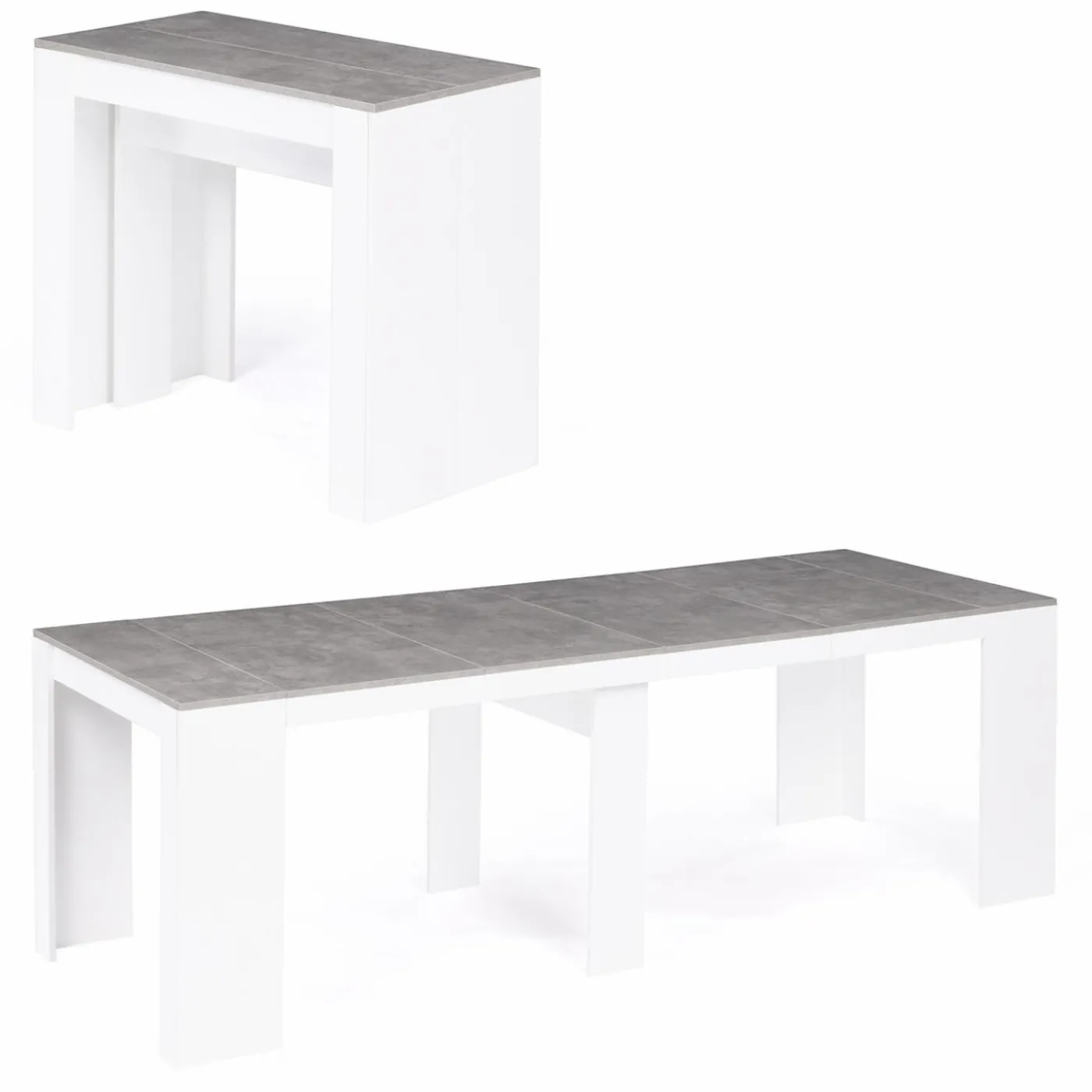 Table console extensible bois blanc et effet béton 10 personnes