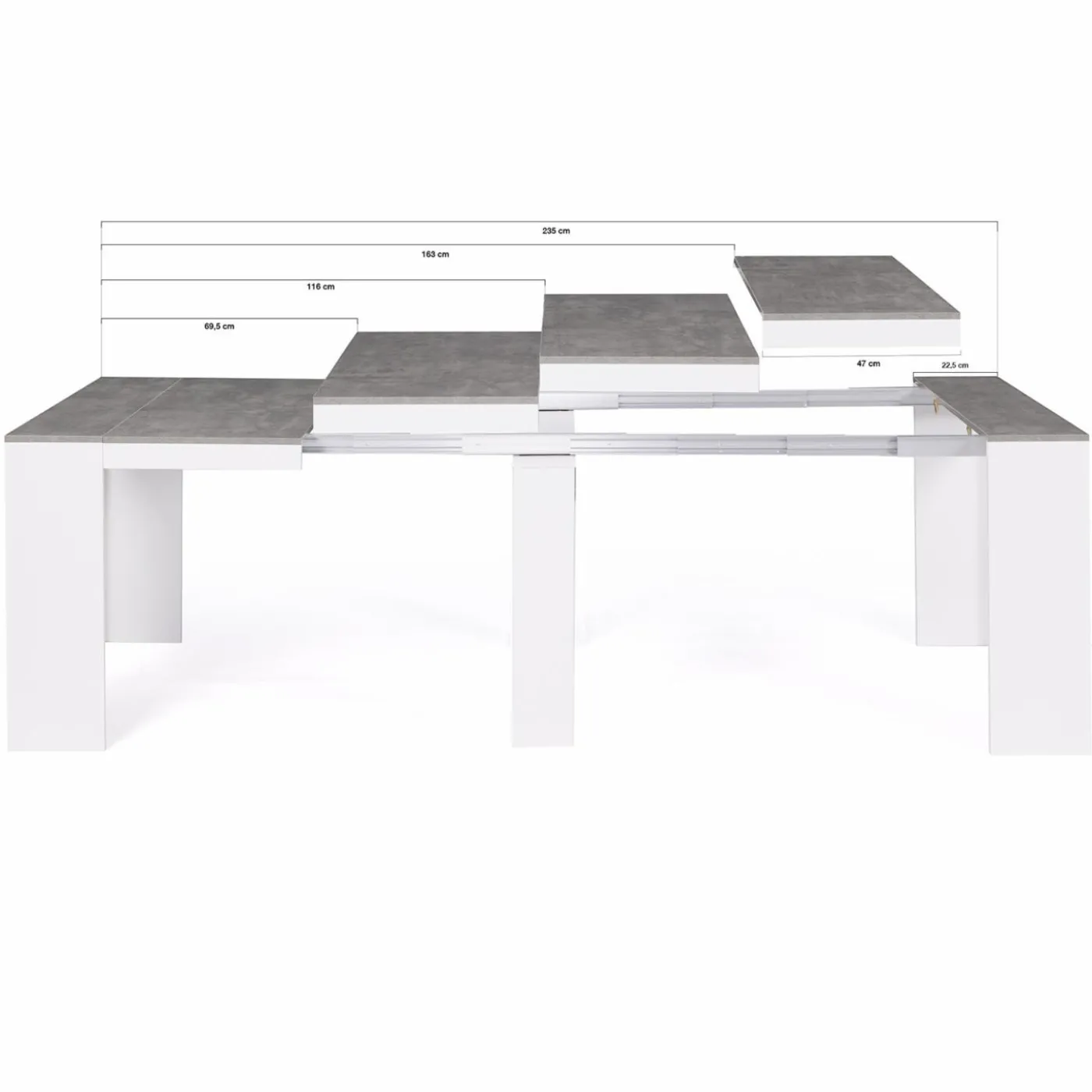 Table console extensible bois blanc et effet béton 10 personnes