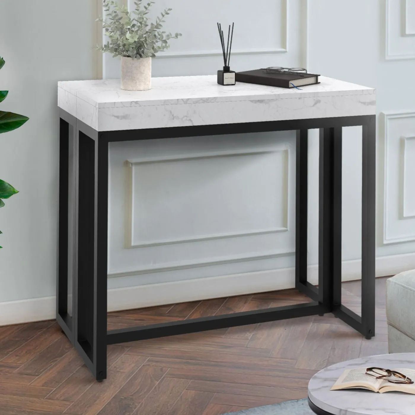 Table console extensible effet marbre blanc 10 personnes