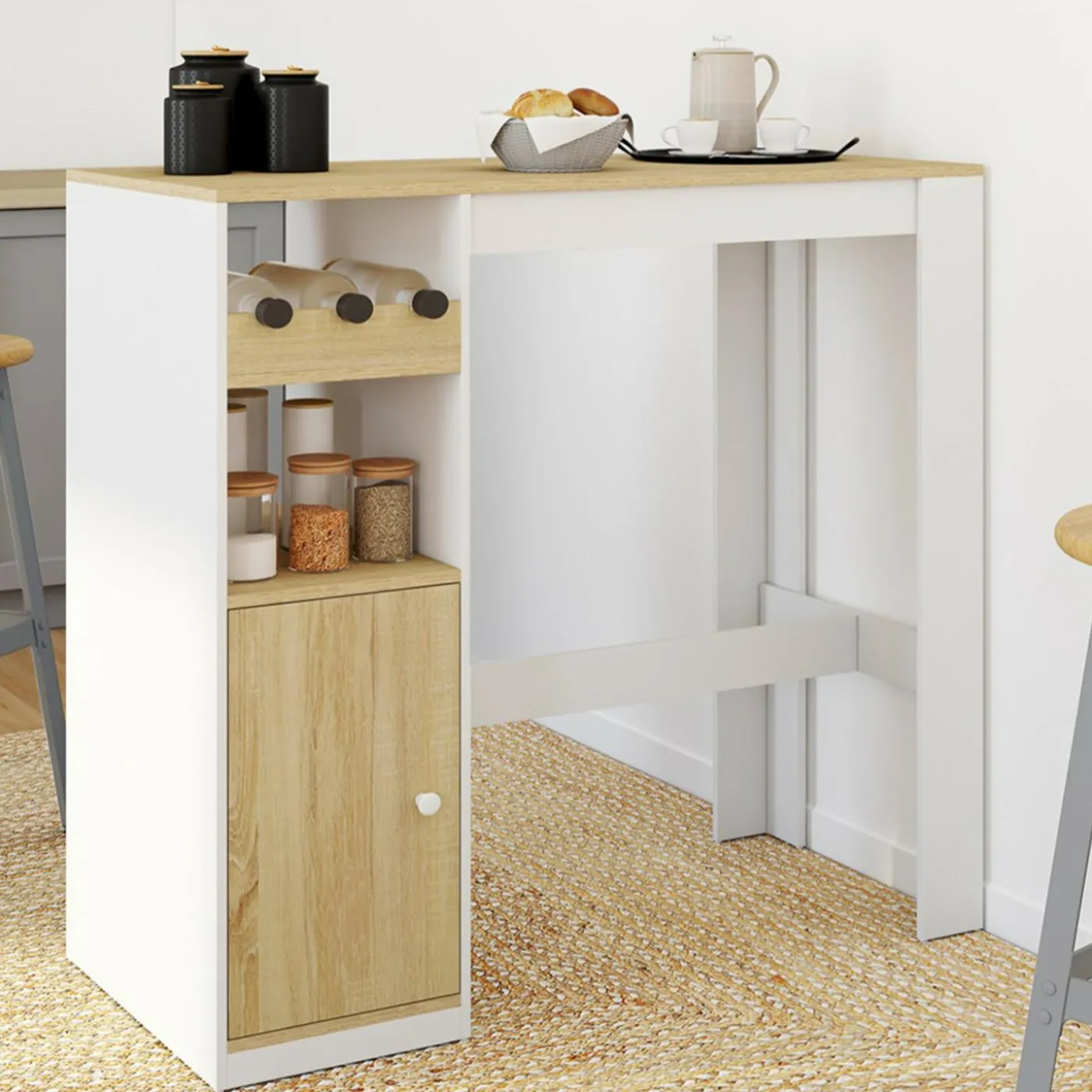 Table de bar 2 personnes bois et blanc avec placard et range bouteilles