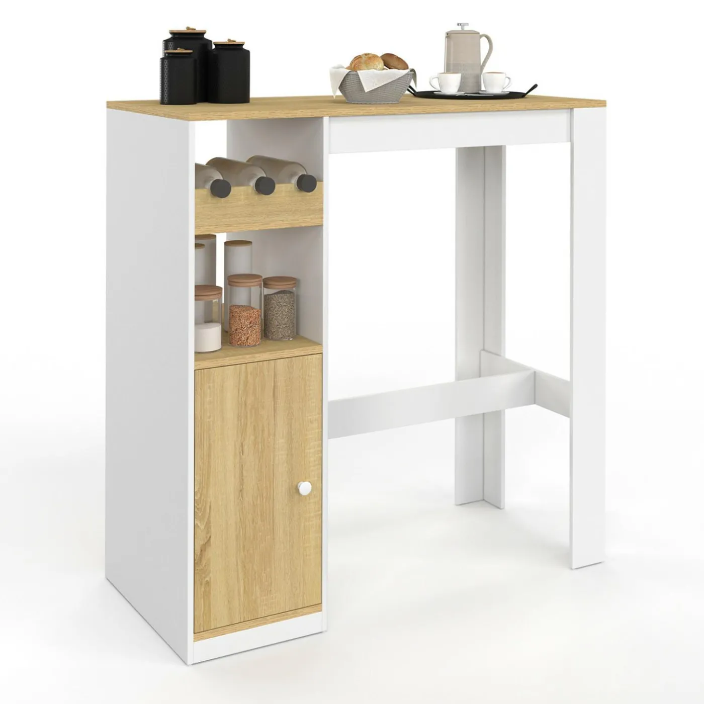 Table de bar 2 personnes bois et blanc avec placard et range bouteilles