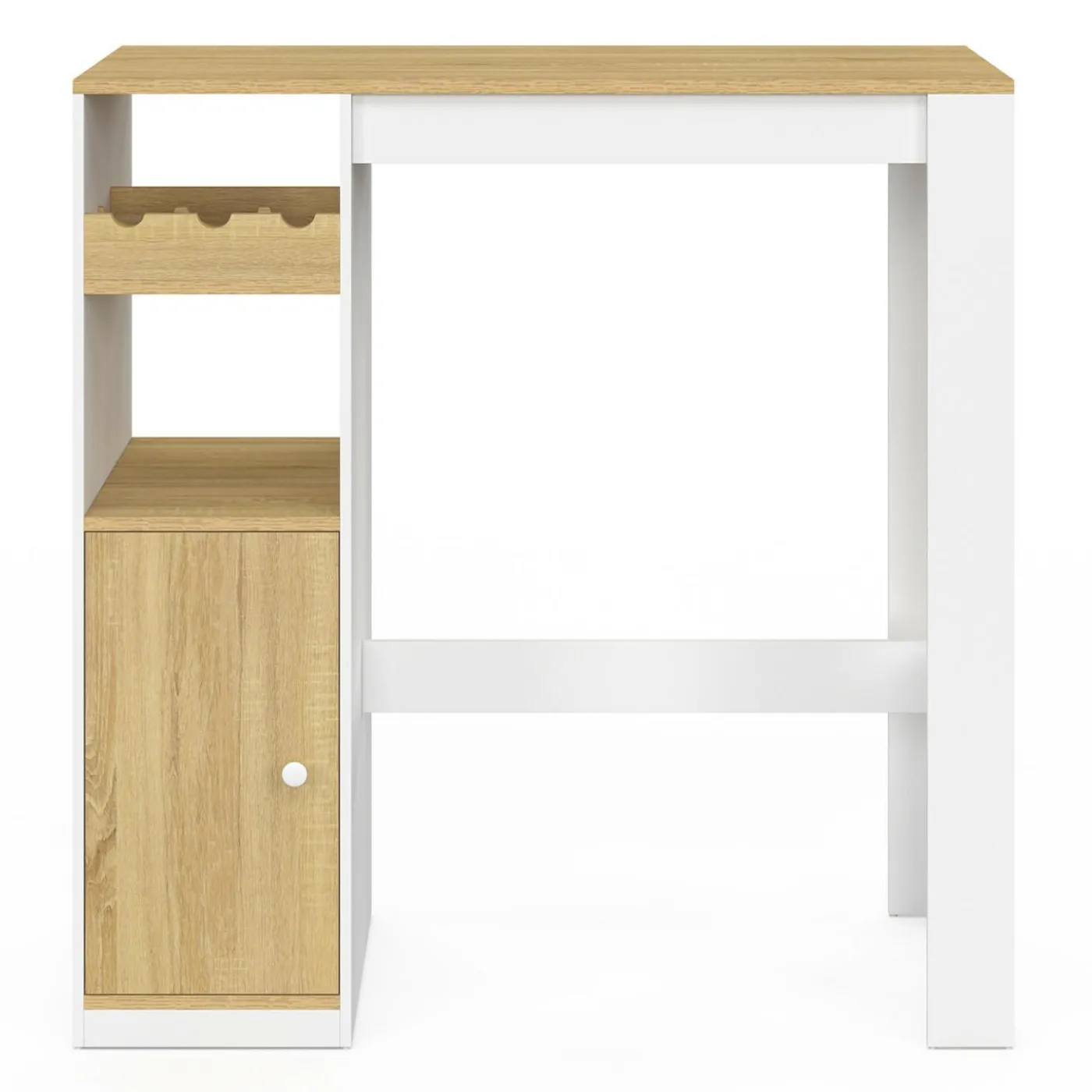 Table de bar 2 personnes bois et blanc avec placard et range bouteilles