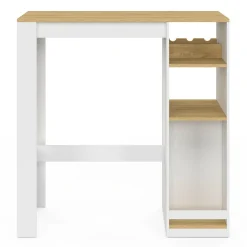 Table de bar 2 personnes bois et blanc avec placard et range bouteilles