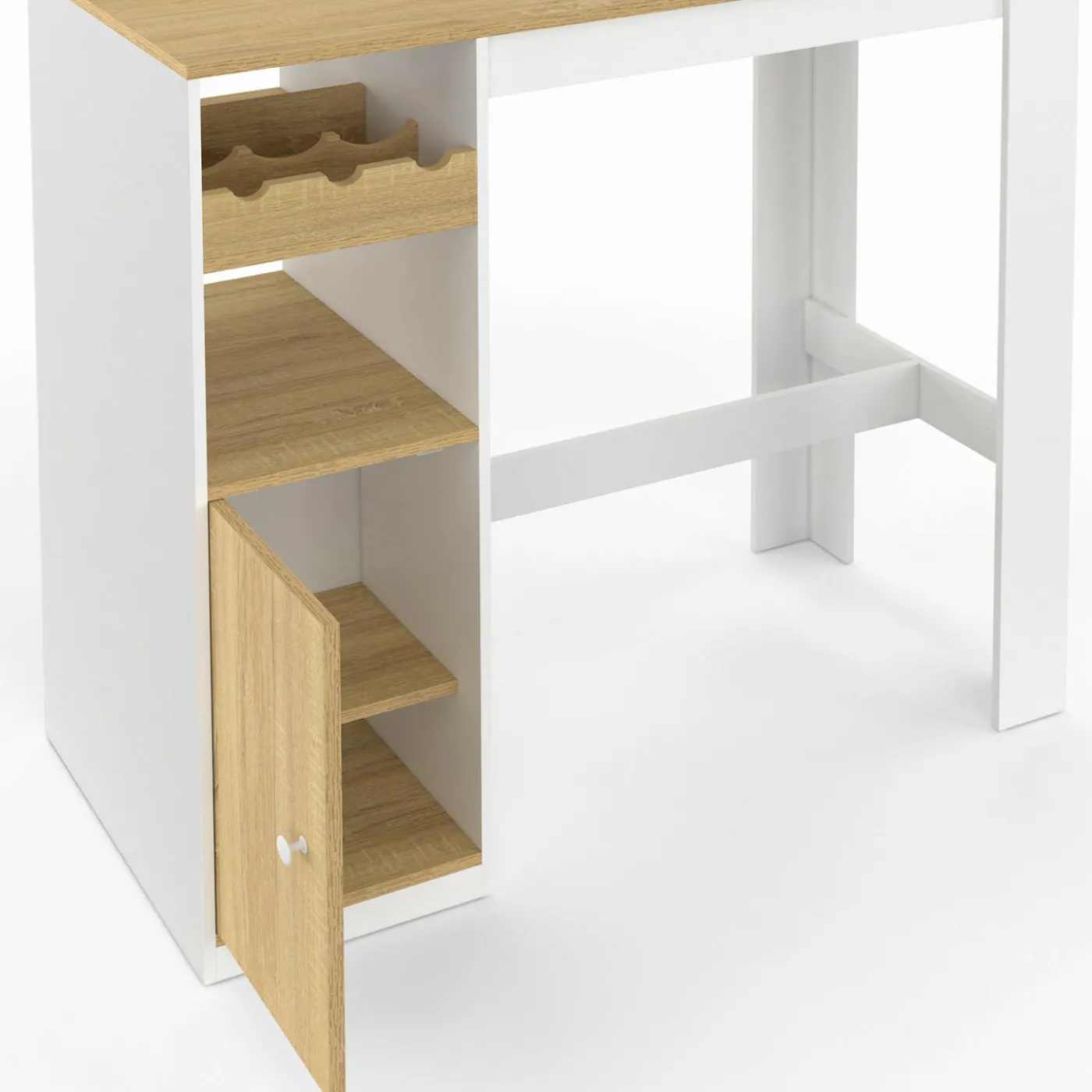 Table de bar 2 personnes bois et blanc avec placard et range bouteilles
