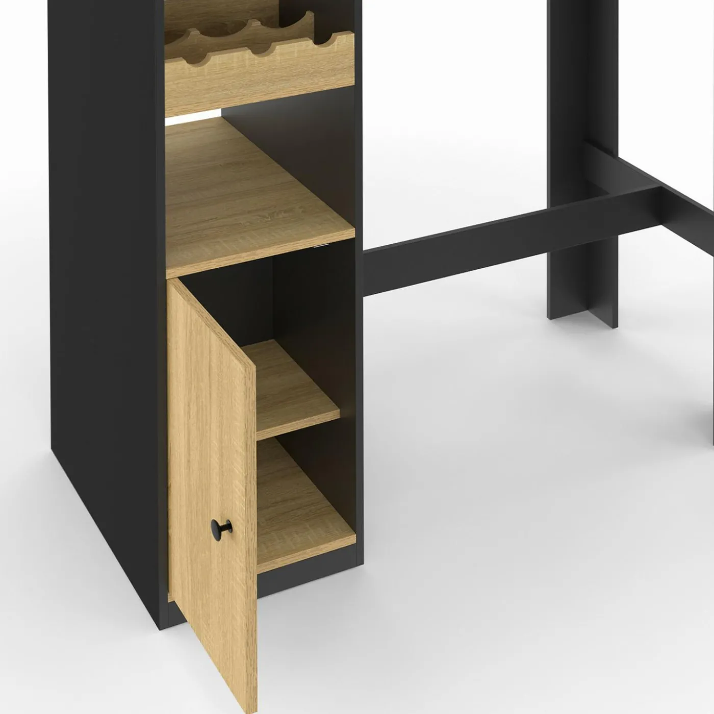 Table de bar 2 personnes bois et noir avec placard et range bouteilles