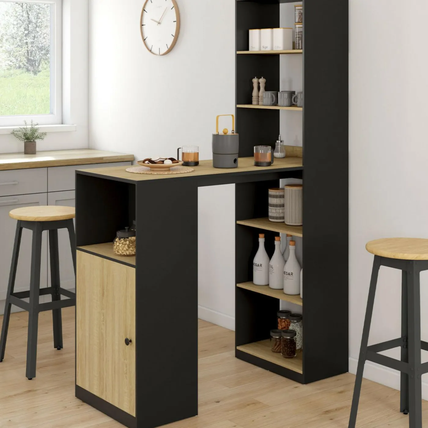 Table de bar avec rangements noir et bois