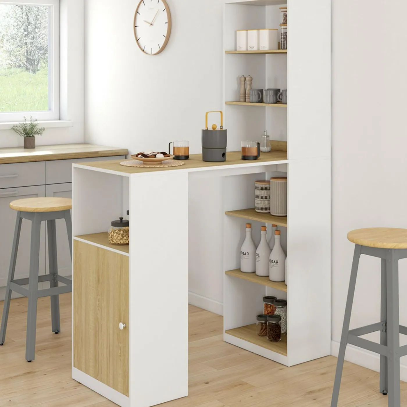 Table de bar blanc et bois avec rangements