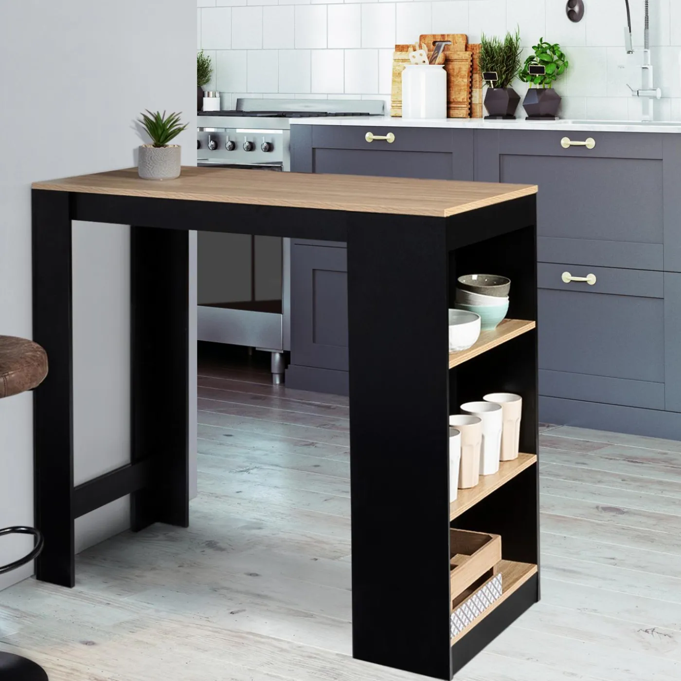 Table de bar haute noire et bois 2 à 4 personnes avec rangement