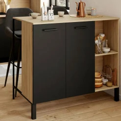 Table de bar îlot 100 cm bois noir et plateau façon hêtre