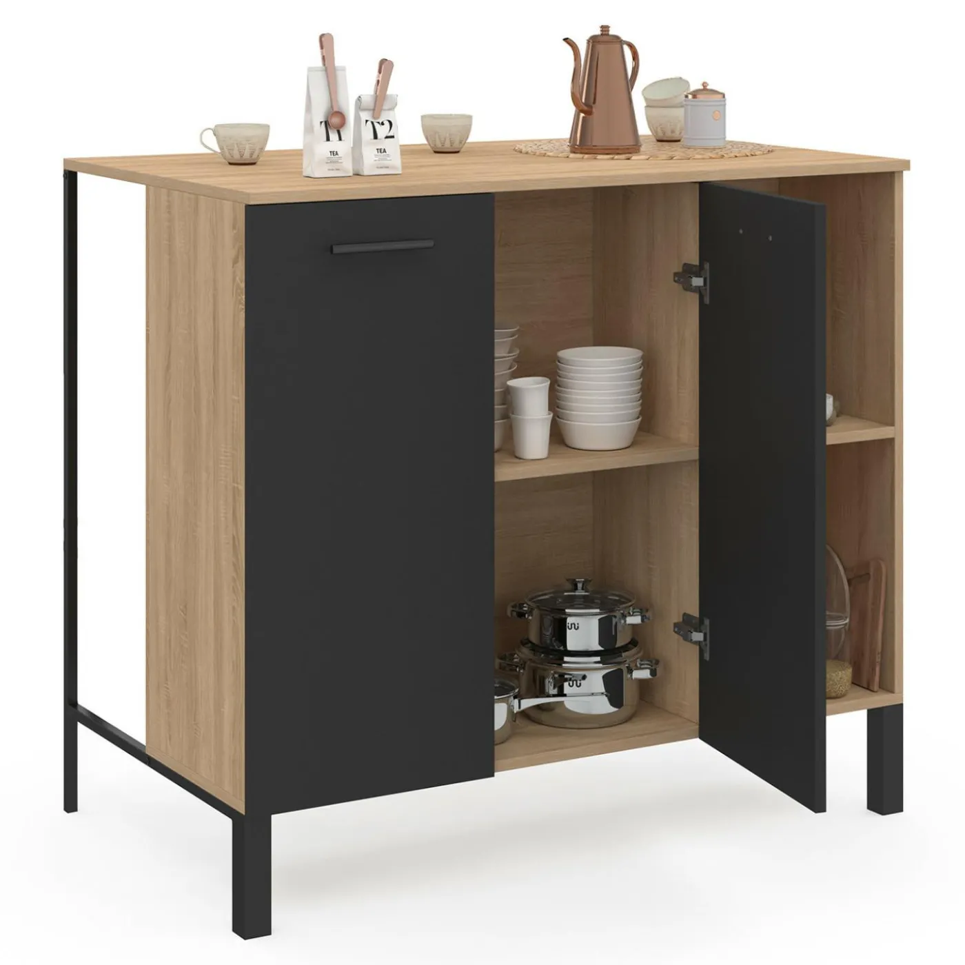 Table de bar îlot 100 cm bois noir et plateau façon hêtre