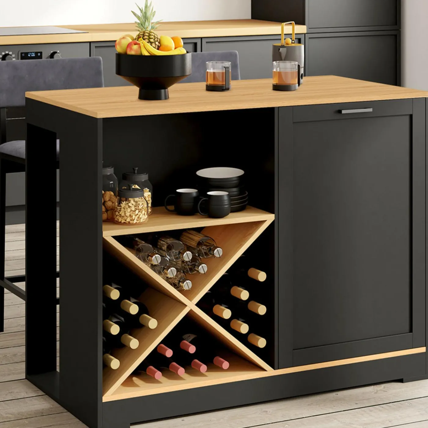 Table de bar îlot en bois noir avec range-bouteilles et plateau façon hêtre 113 cm