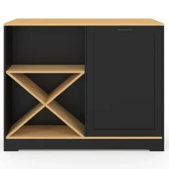 Table de bar îlot en bois noir avec range-bouteilles et plateau façon hêtre 113 cm
