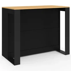 Table de bar îlot en bois noir avec range-bouteilles et plateau façon hêtre 113 cm