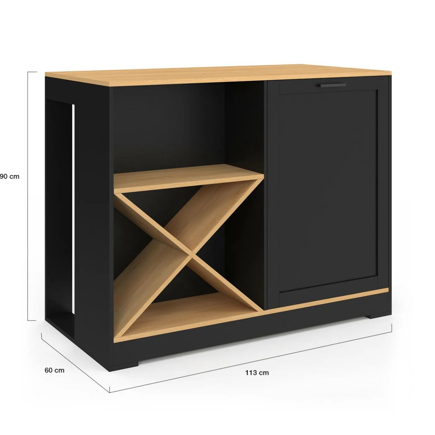 Table de bar îlot en bois noir avec range-bouteilles et plateau façon hêtre 113 cm