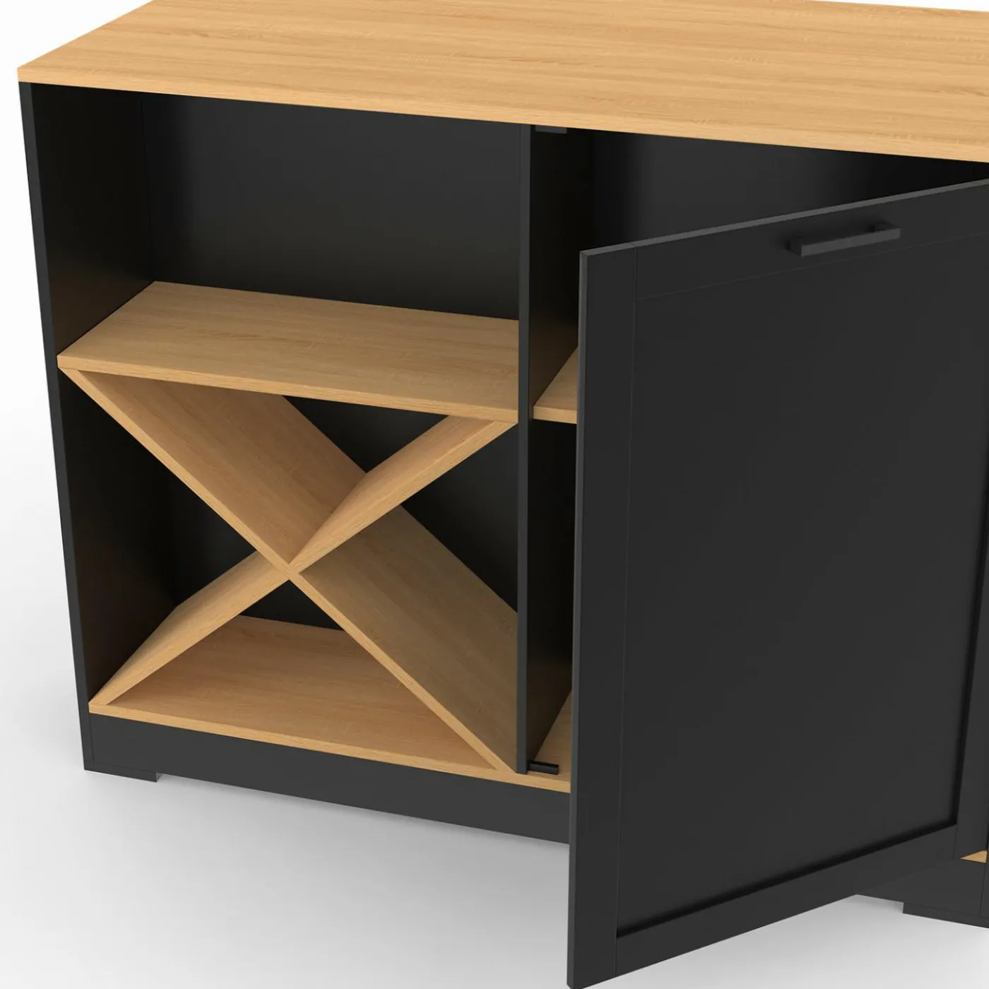 Table de bar îlot en bois noir avec range-bouteilles et plateau façon hêtre 113 cm