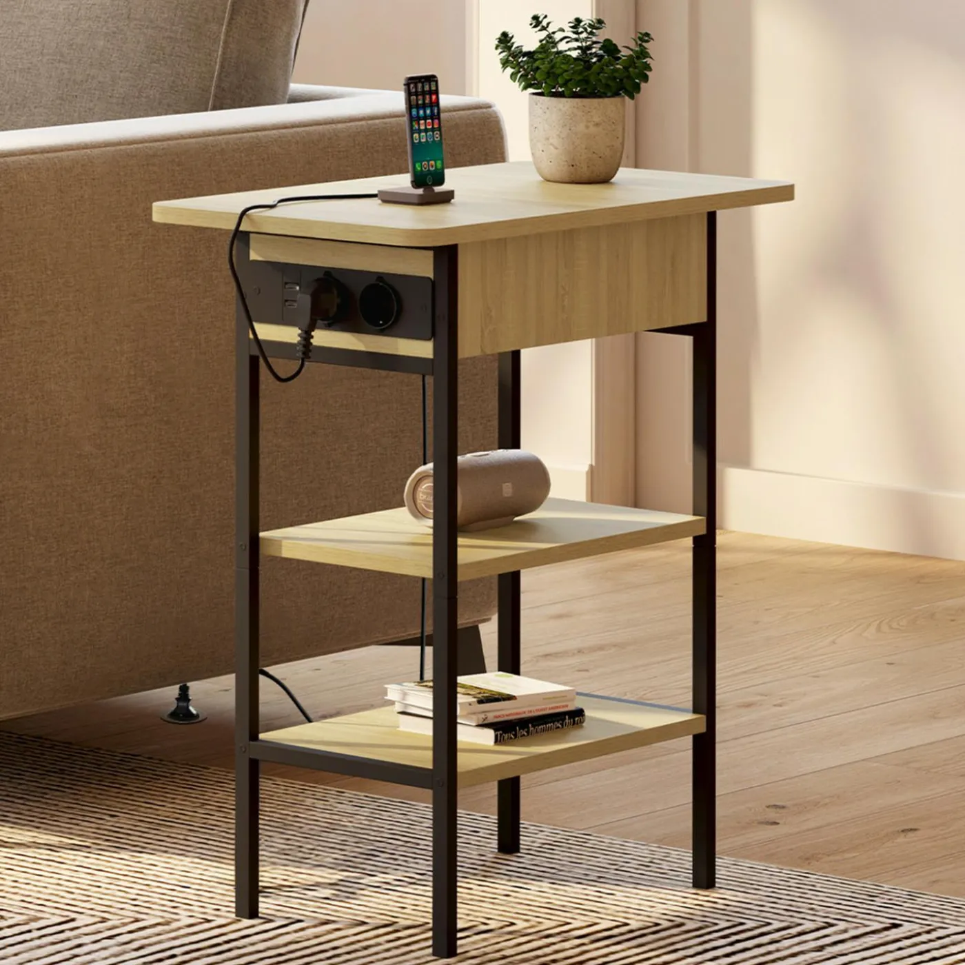 Table de chevet / d'appoint design industriel avec multiprise